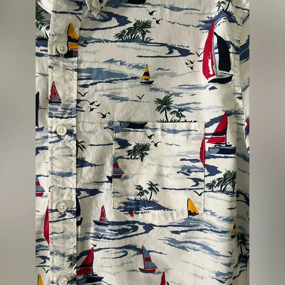 - J. Crew Flex Washed Slim Fit Nautical Sailboat Short Sleeve Button Down L